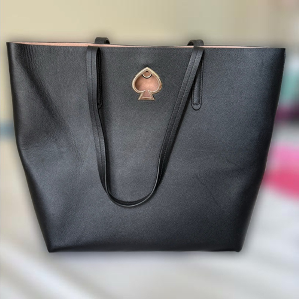 Kate Spade Black Leather Tote with Spade Emblem